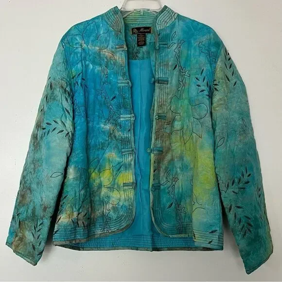 Mirasol Turquoise Quilted Jacket Oriental Style Lagenlook Artsy Rayon Size Large - Picture 3 of 11